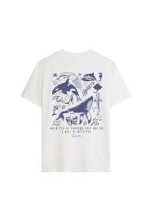 Women's Summer Short-Sleeved T-Shirt With A Casual Marine Animal Print Featuring Sharks, Dolphins, And Starfish. It Has A Round Neck, A Loose And Versatile Fit, And Is Beige In Color. Ideal For Everyday Wear And Vacations. Unisex. - 白色的 - 查看 2