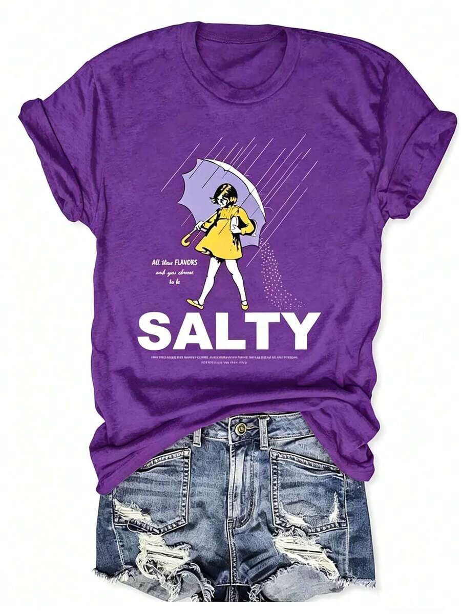 Plus Size Salty With Umbrella Graphic Tee - Vintage Style Summer Beachwear For Women, Perfect For Vacation And Everyday Wear, T-Shirt-Unisex - 紫色 - 查看 1
