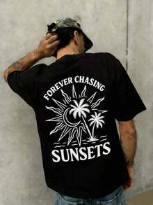 Men's Crew Neck T-Shirt With A Stylish Print, Perfect For Everyday Wear, Outings, Casual Occasions, Travel, And Family Gatherings. Men's Casual Short-Sleeve T-Shirt, Ideal For Vacations. | Minimalist Print With Palm Tree And Sun Design | Exquisite Design | Summer Essentials | Multifunctional And Stylish - 黑色 - 查看 11