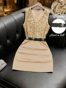 Vestido ajustado de mujer elegante con parches de tela de lentejuelas y de punto, con drapeado, cuello en V, ajuste estilizante, para salir - Champán - Ver 12
