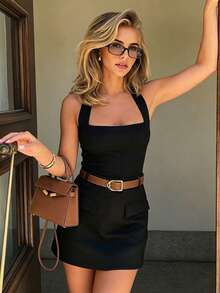 女款優雅白色兩件套，掛脖露背修身上衣搭配高腰A字迷你裙與腰帶 - 黑色 - 查看 9