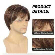 Peluca de hombre de 6 pulgadas con cabello corto texturizado marrón - Cabello resistente al calor con gorra de red de rosa, adecuada para el uso diario y el peinado en el trabajo - Marrón - Ver 3