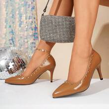 2026 New Spring/Autumn French Style Rivet Pointed Toe Thin High Heel Shoes, Low Vamp Platform Pumps, Versatile Commuter Shoes For Women - Brown - View 14