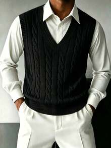 Men's V-Neck Knit Vest Sweater, Solid Color, Casual Daily Wear, Commuting - Black - View 7