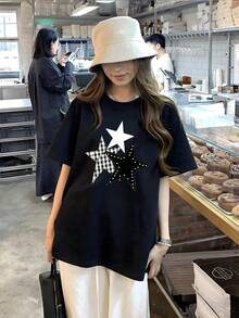 Women's Summer Fashion Short-Sleeved T-Shirt, Versatile Loose-Fitting Round Neck Top - Black - View 2
