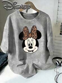 Disney Minnie Mouse Retro Old Wind Leopard Bow Head Creative Printing Design  Oversized Fashion Old T-Shirt 2026 Spring And Summer Round Neck T-Shirt Style Retro Fashion Lovers Popular Style Old Round Neck T-Shirt. - Xám - Xem 1