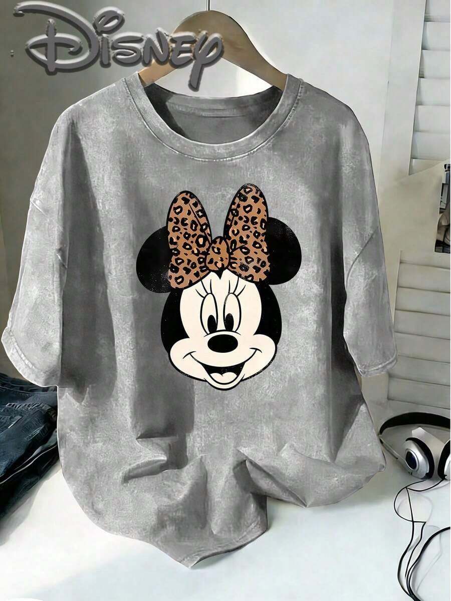 Disney Minnie Mouse Retro Old Wind Leopard Bow Head Creative Printing Design  Oversized Fashion Old T-Shirt 2026 Spring And Summer Round Neck T-Shirt Style Retro Fashion Lovers Popular Style Old Round Neck T-Shirt. - Xám - Xem 1