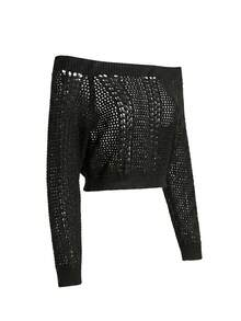 Phong cách Y2K, Áo croptop dệt kim trễ vai cá tính, Áo len dài tay croptop khoét rỗng đẹp mắt & Trang phục đi chơi - màu đen - Xem 11