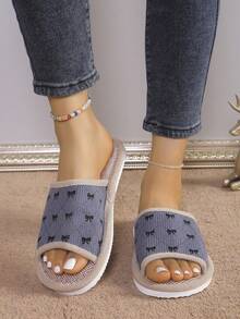 Classic Bow Linen Slippers, Unisex Anti-Slip Soft Bottom Indoor House Slippers, Suitable For All Seasons - Grey - View 2