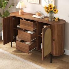 Oval Rattan Side Cabinet With Sliding Door, Drawers And Dividers, Adjustable Compartment, Wood-Look Finish, Metal Cabinet Legs, Multifunctional Storage Unit - 卡其色 - 查看 6