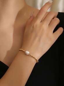 MONALLY 18K Gold Plated Stainless Steel Baroque Pearl Beaded Bracelet For Women, OT Toggle Clasp Waterproof Tarnish Resistant Dainty Bead Chain Bracelet, Minimalist Everyday Jewelry Gift For Her For Anniversary Birthday Gift - Pearl Bracelet - View 2
