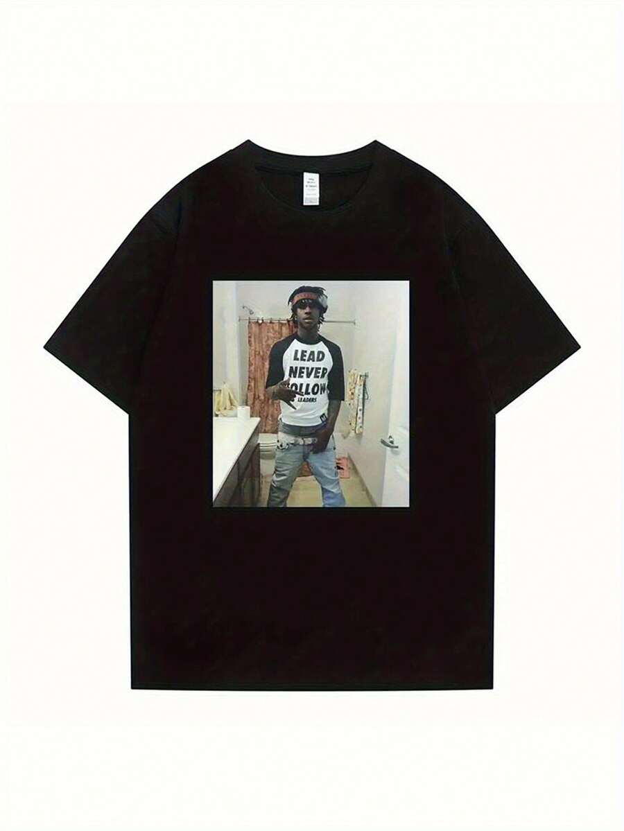 Funny Graphic T-Shirt "Lead Never Follow Leaders" - Unisex Black Oversized Cotton T-Shirt With Geometric Print, Casual Hip-Hop Streetwear For Men And Women, All-Season Garment, Machine Washable Top, Comfortable Garment. - 黑色 - 查看 1