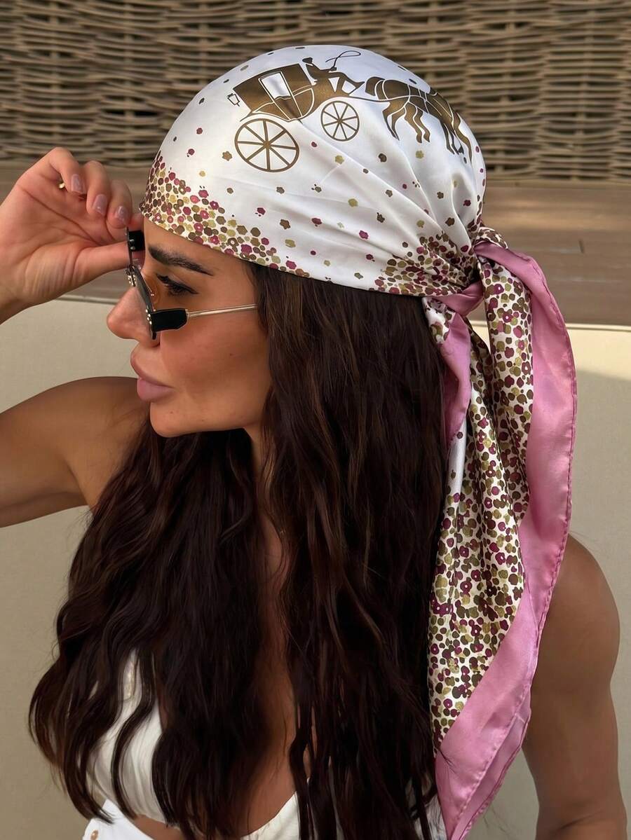 1 pieza Pañuelo/Bandana de mujer con estampado floral casual, estilo bohemio de vacaciones, pañuelo de seda para el cabello, adecuado para fiesta de piscina de verano, festival de música en la playa, estilo callejero, esencial de viaje, vacaciones - Rosa - Ver 1