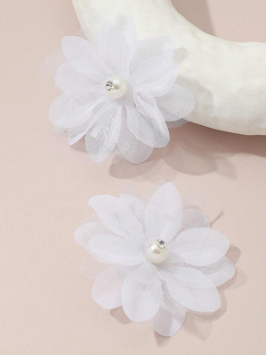 2pcs/Set Girls White Flower & Pearl Hair Clips Set, Suitable For Daily Decoration - White - View 1