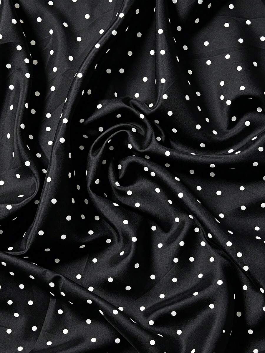 1pc Satin Polka Dot Printed Soft Fabric, Apparel DIY Sewing Imitation Silk Shiny Satin Cloth - Black - View 1