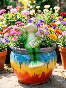 1 Set Frosch Skulptur, Gartendekoration, Frosch trinkt Wasser/Saft Skulptur, Topfpflanzendekoration, Gartenfrosch Statue, Feengarten Accessoire, Heim Balkon Rasen Hof Dekoration - B - Übersicht 7