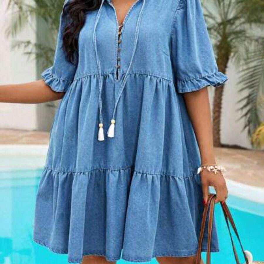 Plus Size Women Blue Tie Collar Ruffle Hem Loose Denim Dress - Azul - Ver 1