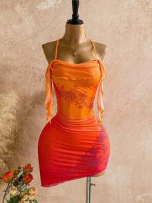 Vestido mini con volantes, gradiente naranja atardecer, con flores de strass, adecuado para vacaciones, citas, té de la tarde, playa, crucero, vacaciones en la isla, viaje a la ciudad, festival de música, vacaciones bohemias, fiesta, se puede usar dentro o fuera, conjunto de playa - Naranja - Ver 7