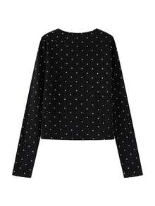 Women's Polka Dot Long Sleeve T-Shirt, Lace Patchwork Design, Fitted, Suitable For Spring And Autumn Vacation Black - Black - View 10
