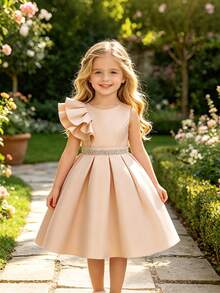 EHOMKIDS Young Girl Solid Color Satin Party Dress With Faux Pearl Belt, Ruffle Trim, Mid-To-Long Length - Apricot - View 8