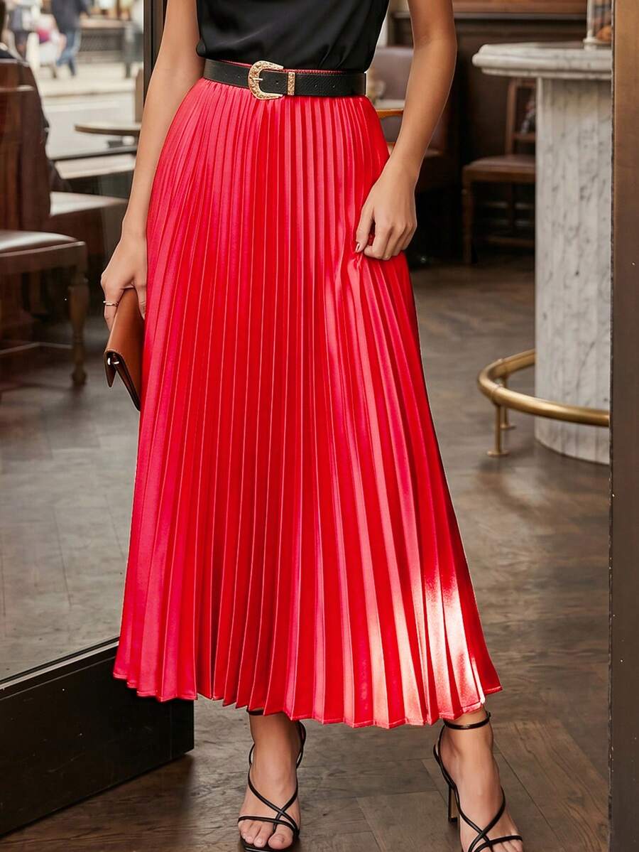 女士高腰百褶职业半身裙，优雅中长裙（不含腰带）春季款 - 紅色 - 查看 1