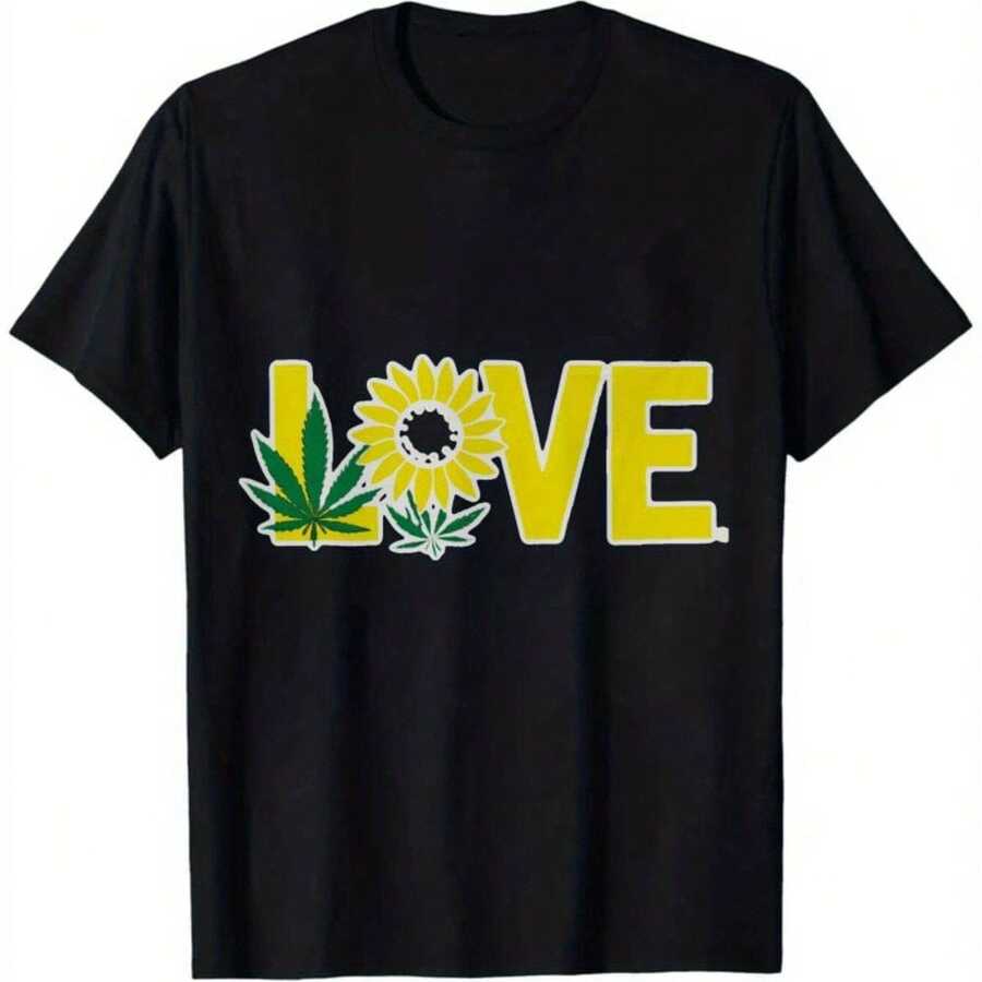 Camiseta Gráfica de Amor con Diseño de Girasoles y Hojas - Letras en Estilo de Plantilla Audaz - Negro - Ver 1