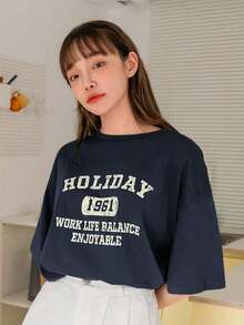 Camiseta de verano oversize con gráfico de letras y hombros caídos - Negro - Ver 9
