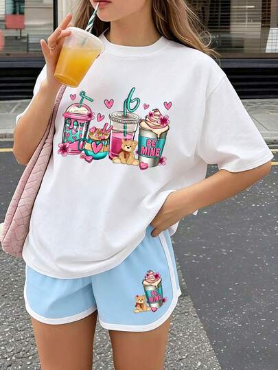 2pcs Girls Set, Loose T-Shirt Paired With Contrast Trim Shorts, Cartoon Drink Cup And Teddy Bear Print, "BE MINE" Heart Slogan, Casual Outfit Suitable For School, Street Style, Daily Wear