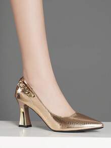 Zapatos de tacón alto de unicolor con diseño deslizante para mujer, cómodos y versátiles, adecuados para todas las estaciones - Champán - Ver 4