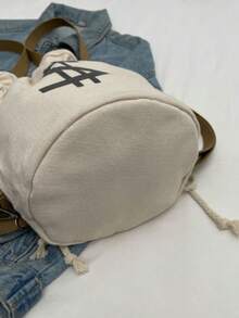 1 Piece Drawstring Waistband Printed Small Crossbody Bag, Stylish Casual Canvas Tote For Men And Women, Simple And Versatile Bucket Bag, Suitable For Daily Outings, Work, Shopping, Outdoor Travel, Commuter And Multi-Scenario Use, Hiking Bag - 卡其色 - 查看 6