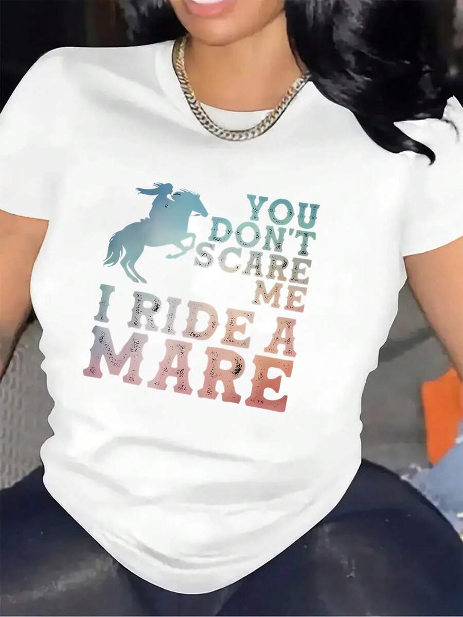 Black And White Short-Sleeved T-Shirt For Home Or Outdoor Use, Durable And Lightweight With A Comfortable Fit, Featuring A Fun Riding Graphic Design, Ideal For Casual Wear In The Living Room Or Garden - 白色 - 查看 1