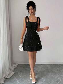 Vestido mini ajustado de línea A con decoración de lazo y perla, de unicolor y elegante moda para mujer - Azul - Ver 10