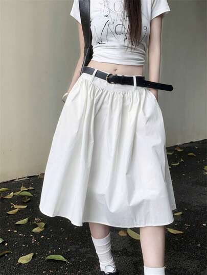 女士纯色百褶休闲百搭半身裙 白色 春季