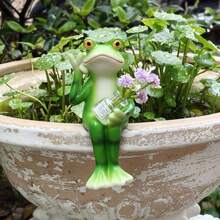 1 Set Frosch Skulptur, Gartendekoration, Frosch trinkt Wasser/Saft Skulptur, Topfpflanzendekoration, Gartenfrosch Statue, Feengarten Accessoire, Heim Balkon Rasen Hof Dekoration - B - Übersicht 1