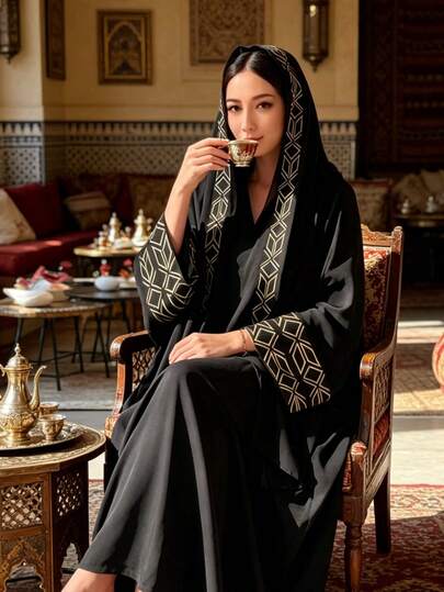 1 pieza Abaya abierta con puños elegantemente bordados, ropa musulmana islámica de moda adecuada para el uso diario de las mujeres, para todas las estaciones