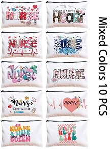 [Multiple Options] Nurse-Themed Colorful "NURSE" Letter And Medical Graphic (E.G. Stethoscope, Syringe) Decorated Cosmetic Storage Bag / "NURSING IS A WORK OF HEART" Heartwarming Slogan Print, White Canvas, Portable Multi-Function Toiletry Bag And Medical Supplies Storage Pouch Make Up Bag Cosmetic Bag Makeup Pouch Wash Bag Makeup Storage Durable Mothers Day Gift Holiday Essentials Mother Gifts - Multicolor - View 30