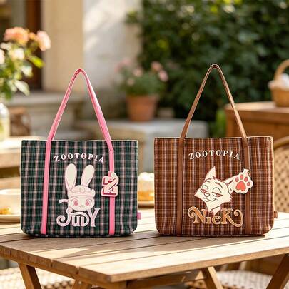 Miniso Disney Zootopia Judy & Nick Plaid Tote Bag, Vintage Plaid Style With Adorable Character Design,Large Storage Space , Suitable For Work, School & Weekend Trips, Perfect Collectible & Daily Bag(1 PC)