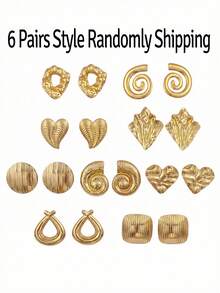 1/6 Pairs Chunky Large Stud Earring Set For Women Charm Gold Earring, Stainlees Steel Jewelry Geometric Starfish Shell Bow Star Shaped Random - Multicolor - View 7