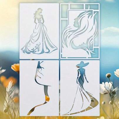 4 paquetes de elegantes plantillas de silueta femenina, de 8.3x11.7 pulgadas, plantillas reutilizables para dibujar en pared, alfombra, piso, tela, ropa, muebles, lienzo - Plantillas de artesanía de PET blanco cremoso