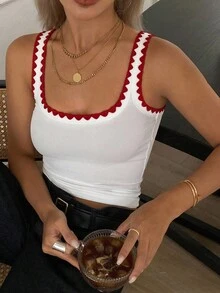 Camiseta de tirantes de punto acanalado para mujer, estilo ajustado con ribete de color contrastante, blanco verano - Blanco - Ver 4