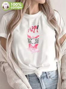 Women's-Shirt Solid Color Casual Printed Round Neck-Shirt Summer Drink Flavor Casual Printed Round Neck Soft Skin-Friendly-Shirt Women's% Cotton, Suitable All Seasons Tops Women - White - View 1