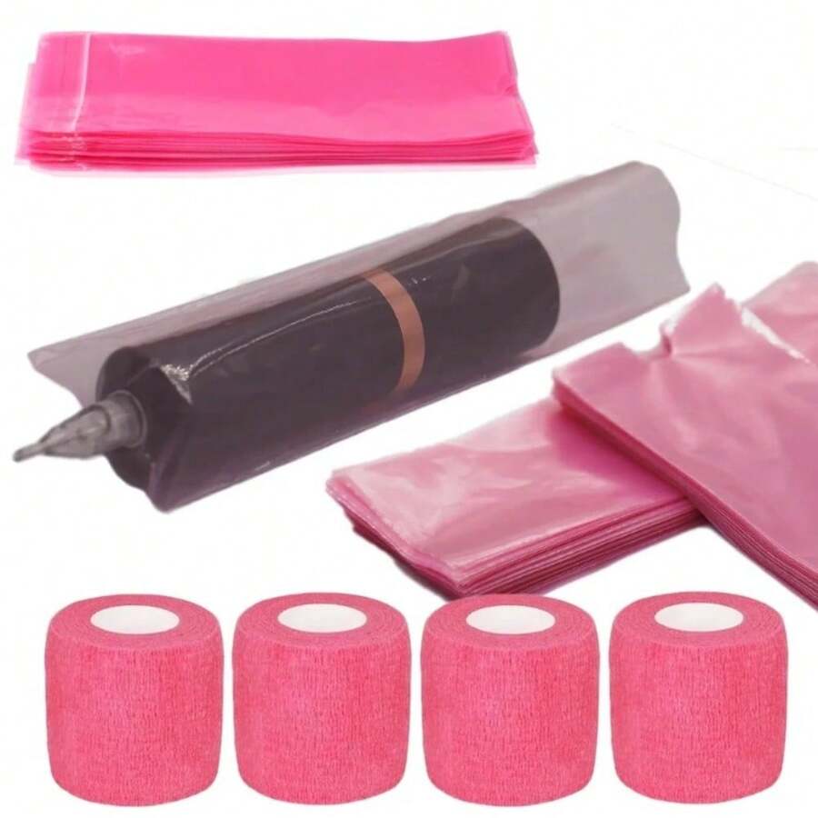 UNIQUEFORYOU 100 Vỏ bọc bút xăm màu hồng, 4 băng dính cầm nắm, vỏ bọc máy xăm cỡ lớn, vật tư băng dính, vỏ bảo vệ máy xăm. - Xem 1