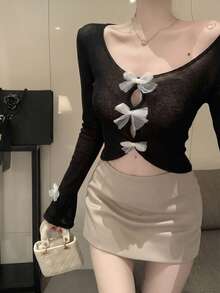 Áo croptop cổ yếm thắt nơ mới về mùa xuân/hè, áo lót dài tay mỏng nhẹ, gợi cảm dành cho nữ. - màu đen - Xem 3