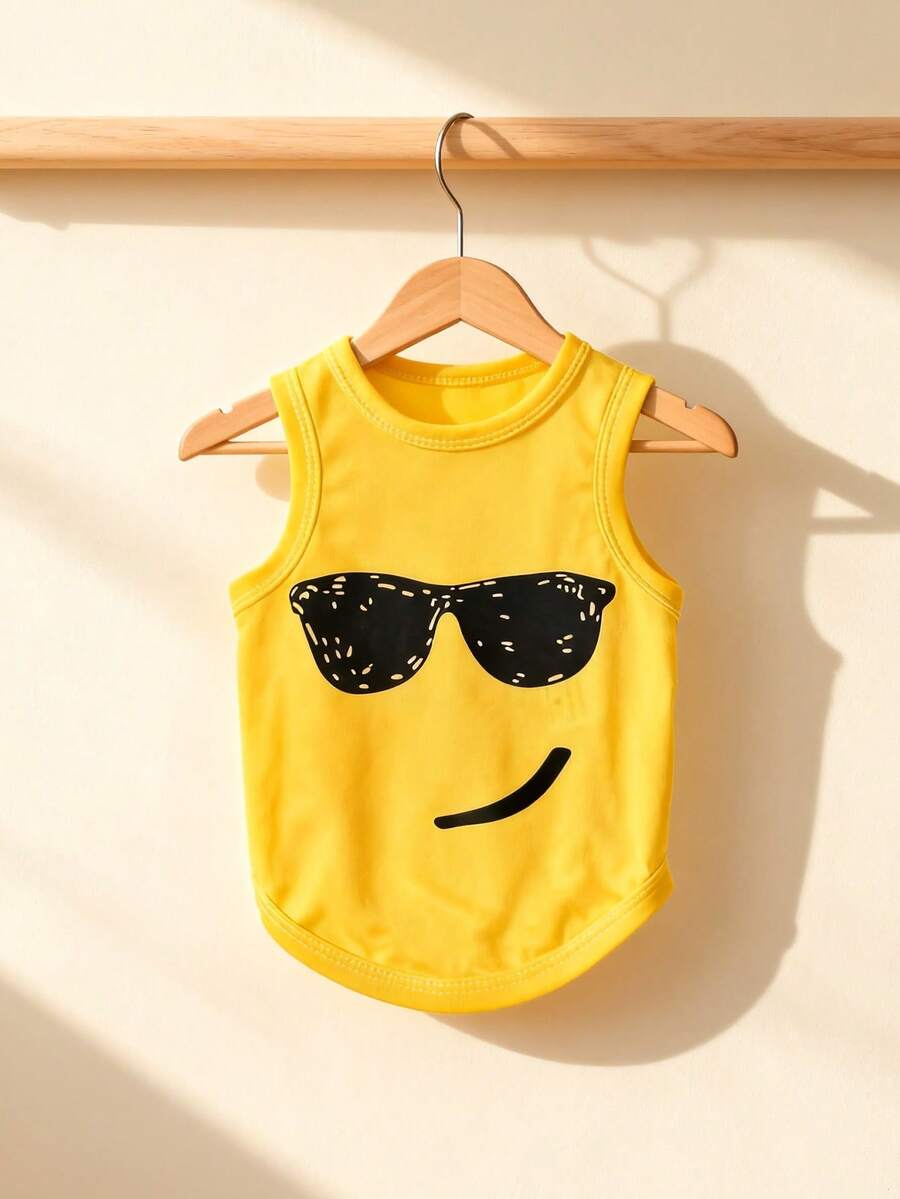 LUCKIE PAL 1pc Yellow Fashion Glasses & Smile Print Pet Vest, Physical Flea Repellent, Reduce Shedding, Heat Insulation & Breathable, Suitable For Small & Large Dogs, Indoor & Outdoor - Yellow - View 1