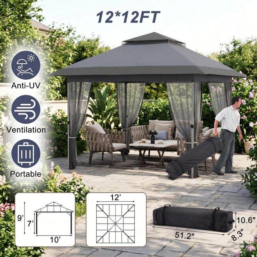 12x12 FT Pop Up Canopy Tent With Mosquito Netting, Double Roof Outdoor Gazebo With Wheeled Carry Bag, Heavy-Duty Metal Frame For Patio, Garden, Lawn - Dark Grey - View 1