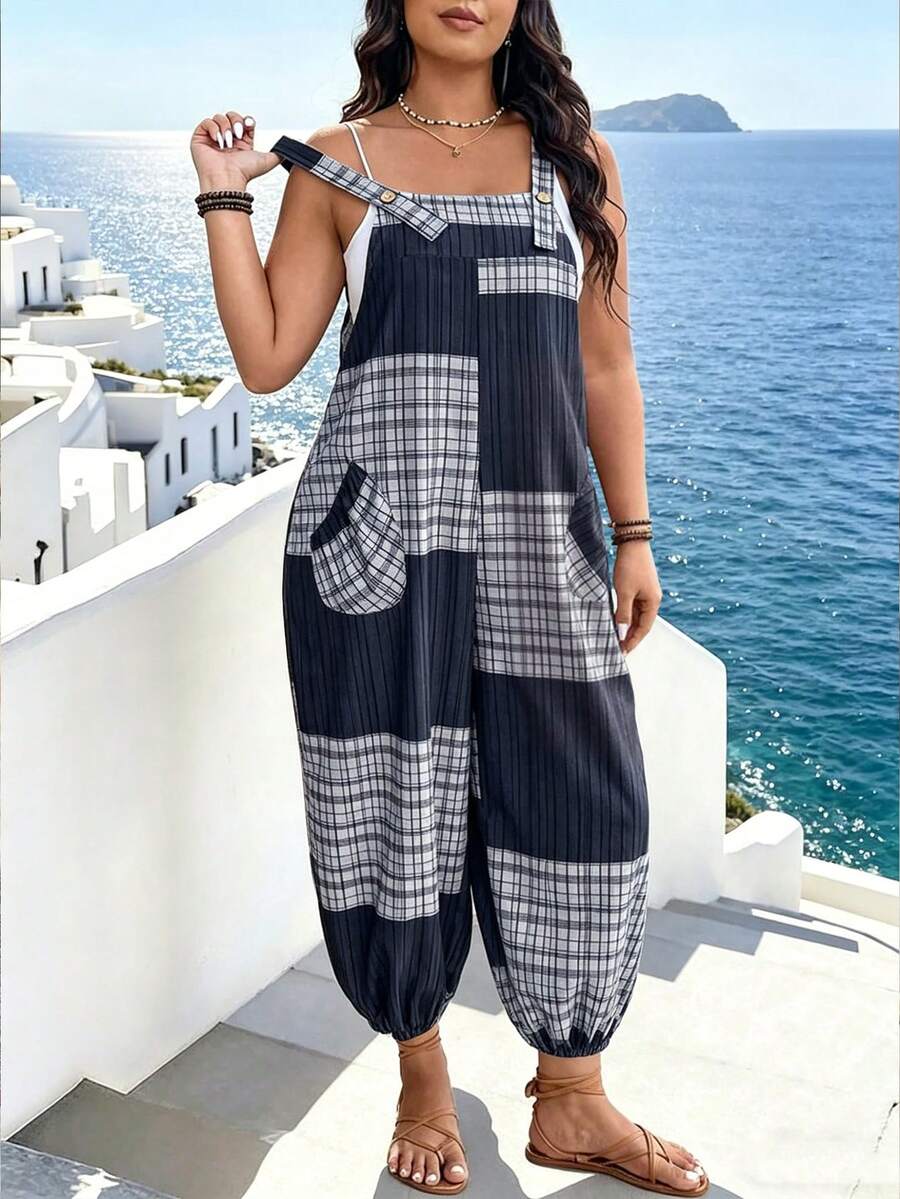 Women's Lightweight Casual Loose Fit Jumpsuit, Suitable For Beach, Daily Commute, Home, Street Style, School/Graduation Season, Plaid Pattern, Spring/Summer Elegant