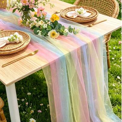 1 chiếc khăn trải bàn ombre cầu vồng - Khăn trải bàn trang trí tiệc mừng em bé không phân biệt giới tính, chất liệu voan ombre cầu vồng, phù hợp cho tiệc tiết lộ giới tính, tiệc sinh nhật tại nhà trẻ.