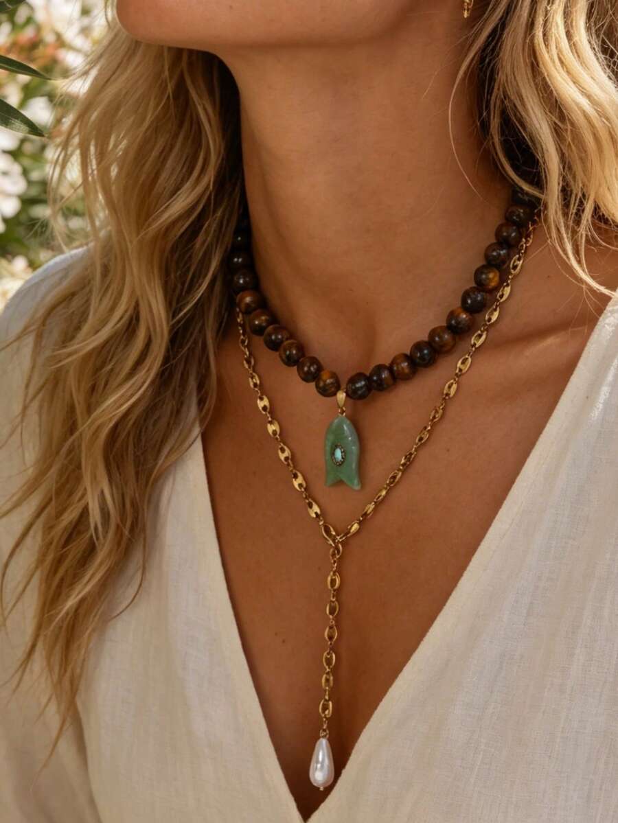 1pc High-Quality Summer Bohemian Style Jewelry, Exquisite Fashion Unique Brown Tiger Eye Stone Bead Chain Necklace, With Natural Stone Fish, Asymmetrical Pearls And Pig Nose Clasp. Chunky Jewelry Beaded Necklace, Perfect For Women To Wear At Music Festivals, Outings, Daily, Parties And Casual Activities. This Elegant Creative Women's Jewelry Necklace Made Of Tiger Eye Stone And Natural Stone Materials Is An Excellent Gift For Partners Or Sisters. - Multicolor - View 1