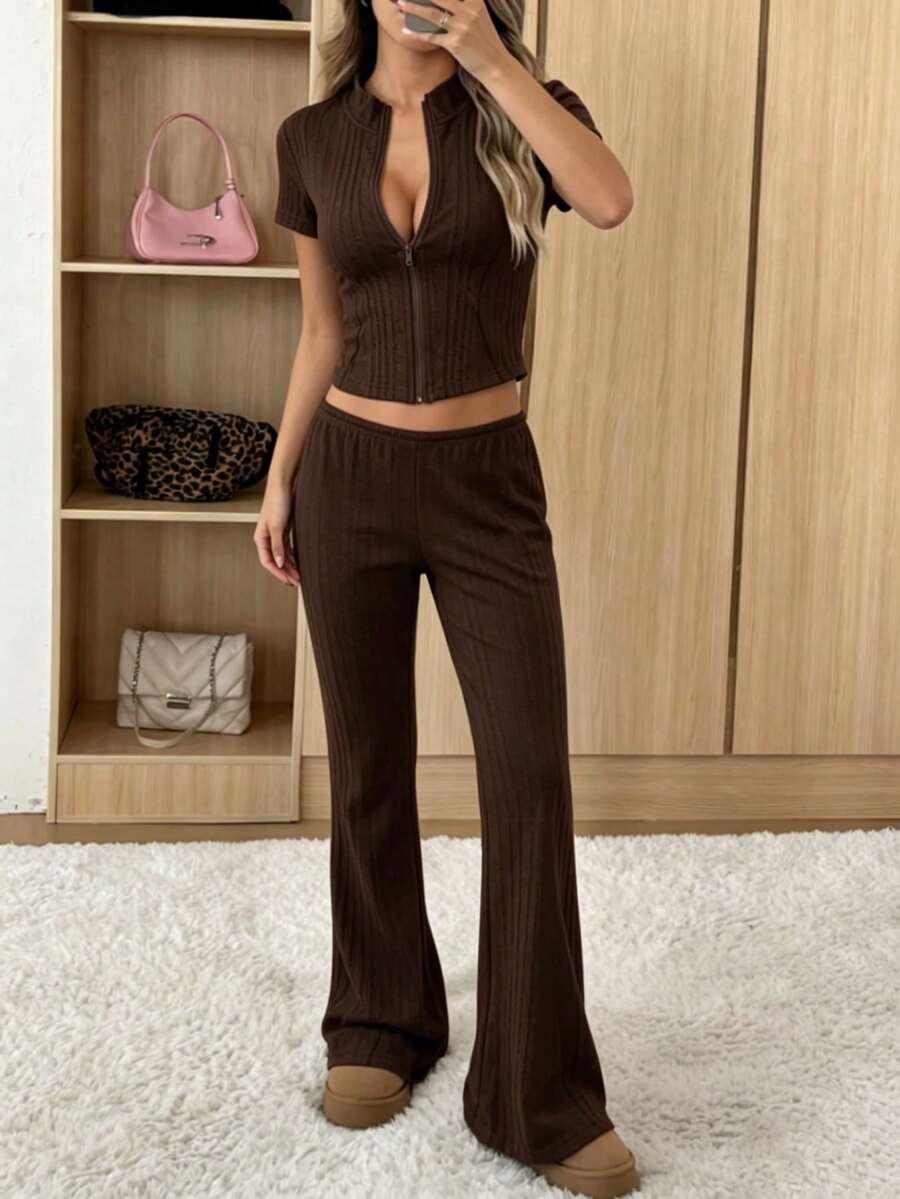 Conjunto de chaqueta y pantalones ajustados de mujer, traje informal - Café integral - Ver 1