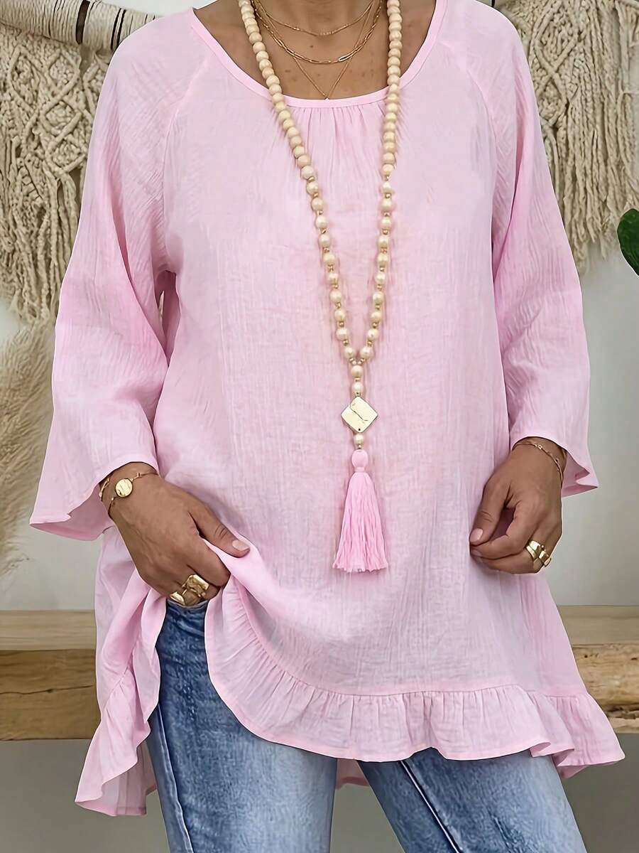 Women's Pink Polyester Round Neck Drop Shoulder Long Top, Ruffle Hem Flared Design, Bohemian Casual Style - Pink - View 1